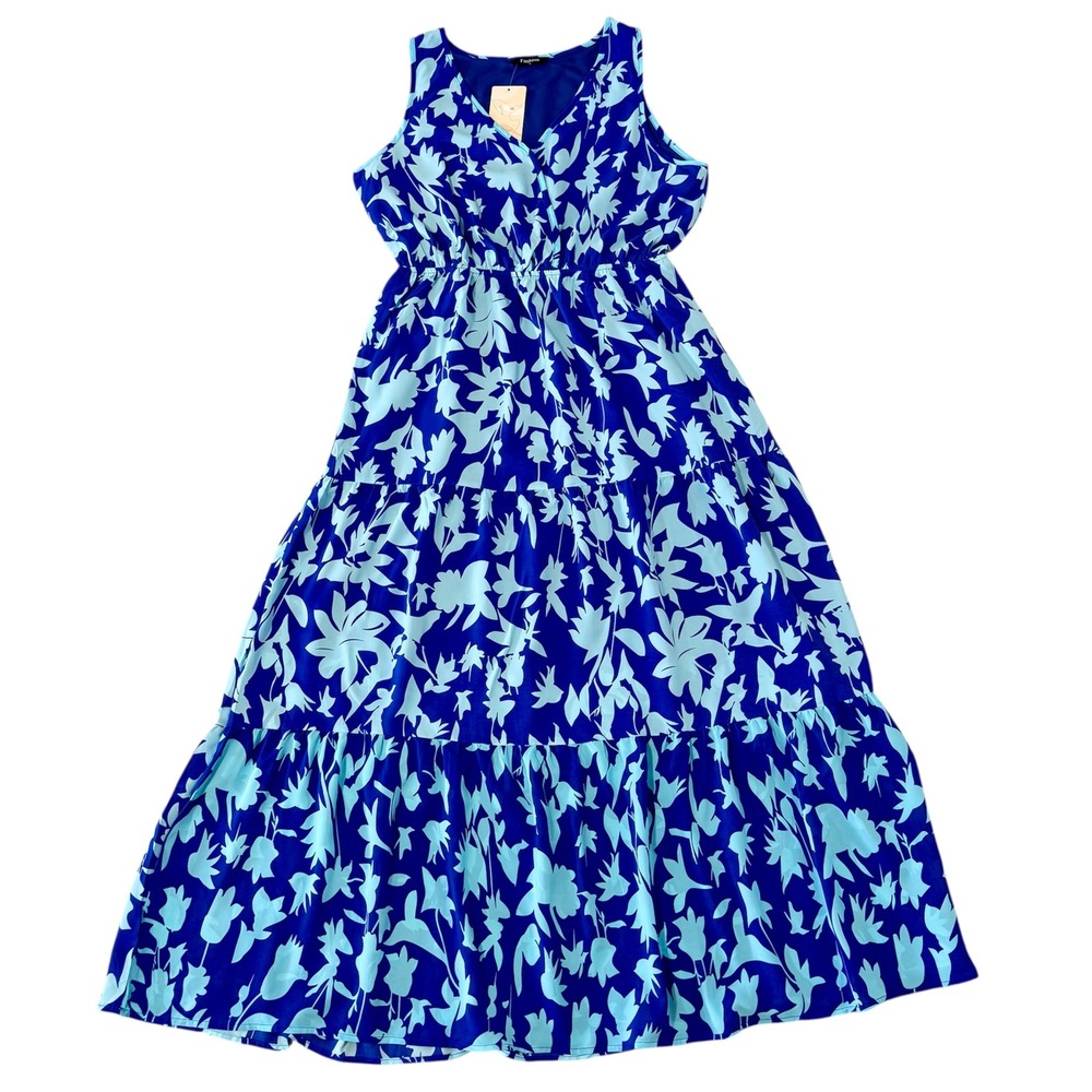 Fashion Blue Floral Maxi Dress Sleeveless‎ Tiered V-Neck Elastic Waist Large NWT